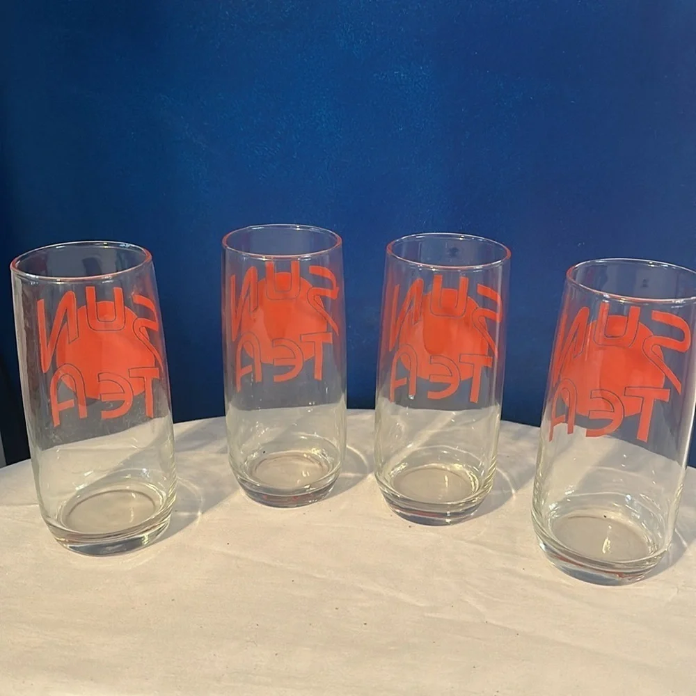 Vintage Sun Tea Set of 4 Large Red Orange Dot Sun Tea Logo Glasses 8” Tall